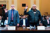 Jason Van Tatenhove, a former spokesperson for the Oath Keepers, and Stephen Ayres, who was a participant in the January 6 attack, get sworn in by the House select committee during the seventh public hearing investigating the January 6th Attack on the U.S. Capitol, in Washington, DC, U.S., July 12, 2022. Demetrius Freeman/Pool via REUTERS
