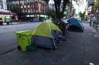 Tents pitched along East Hastings Street in Vancouver, British Columbia, Wednesday, August 17, 2022. Organizations and city staff have been working to find the remaining people staying in tents homes. Rafal Gerszak/The Globe and Mail 
