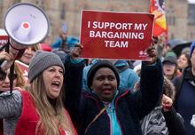 Striking members of the Public Service Alliance of Canada (PSAC) protest on Parliament Hill, in Ottawa, Wednesday, April 26, 2023. THE CANADIAN PRESS/Adrian Wyld