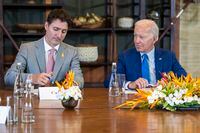 FILE- President Joe Biden looks to Canadian Prime Minister Justin Trudeau during a meeting of G7 and NATO leaders in Bali, Indonesia, Nov. 16, 2022. Mexican President Andres Manuel Lopez Obrador, Biden and Trudeau, will gather in Mexico City on Monday, Jan. 9, 2023, and Tuesday, Jan. 10, for a North American leaders summit. (Doug Mills/The New York Times via AP, Pool, File)