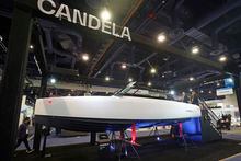 The Candela electric hydrofoiling speedboat is shown at Candela booth during the CES tech show Friday, Jan. 6, 2023, in Las Vegas.The Candela's C-Pod is the first electric pod motor designed for high-speed boats. (AP Photo/Rick Bowmer)