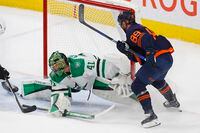 Nov 2, 2023; Edmonton, Alberta, CAN;  Edmonton Oilers forward Sam Gagner (89) scores his second goal of the game against Dallas Stars goaltender Scott Wedgewood (41) during the third period at Rogers Place. Mandatory Credit: Perry Nelson-USA TODAY Sports