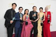 Harry Shum Jr., from left, Ke Huy Quan, Stephanie Hsu, Michelle Yeoh and Jamie Lee Curtis pose in the press room with the award for outstanding performance by a cast in a motion picture for "Everything Everywhere All at Once," at the 29th annual Screen Actors Guild Awards on Sunday, Feb. 26, 2023, at the Fairmont Century Plaza in Los Angeles. (Photo by Jordan Strauss/Invision/AP)