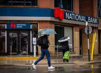 A National Bank branch on King Street East in Toronto. The Montreal-based bank’s profit jumped 111 per cent year over year to $800-million, adding to a streak of outsized earnings reported by Canada’s major banks this week.May 28, 2021 (Melissa Tait / The Globe and Mail)