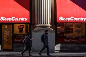 Pedestrians walk past a Sleep Country Canada store on Yonge Street in Toronto on Tuesday, October 19, 2021. THE CANADIAN PRESS/Evan Buhler