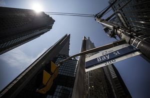 A Bay street sign is seen in Toronto’s financial district.