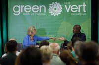 Green Party of Canada leader Elizabeth May, left, speaks with Toronto area candidate Annamie Paul during a fireside chat about the climate, in Toronto on September 3, 2019. Green Party officials said Monday they anticipate eight people will be able to hit Tuesday's deadline to submit another $20,000 and make it onto the ballot for the party's leadership race in October. The party is selecting a new leader for the first time in 14 years, after former leader Elizabeth May stepped down after the 2019 federal election. THE CANADIAN PRESS/Cole Burston