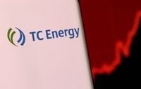 TC Energy's logo is pictured on a smartphone in front of the stock graph displayed in this illustration taken, December 4, 2021. REUTERS/Dado Ruvic/Illustration