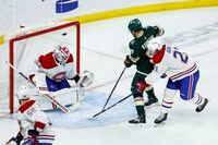ST PAUL, MN - NOVEMBER 01: Kirill Kaprizov #97 of the Minnesota Wild scores a goal against Jake Allen #34 of the Montreal Canadiens in the second period of the game at Xcel Energy Center on November 1, 2022 in St Paul, Minnesota. (Photo by David Berding/Getty Images)