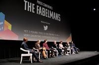 TORONTO, ONTARIO - SEPTEMBER 11: (L-R) TIFF CEO Cameron Bailey, Seth Rogen, Paul Dano, Steven Spielberg, Gabriel LaBelle, Judd Hirsch, and Tony Kushner  speak onstage at "The Fabelmans" Press Conference during the 2022 Toronto International Film Festival at TIFF Bell Lightbox on September 11, 2022 in Toronto, Ontario. (Photo by Rodin Eckenroth/Getty Images)