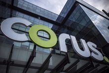The new Corus logo at Corus Quay in Toronto is photographed on Friday, June 22, 2018. Corus Entertainment Inc. reported its first-quarter profit fell compared with a year ago as its revenue also moved lower. THE CANADIAN PRESS/ Tijana Martin
