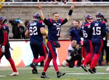 Montreal Alouettes quarterback Trevor Harris (7) celebrates as they defeat the Hamilton Tiger-Cats in CFL Eastern semi-final football action on Sunday, November 6, 2022 in Montreal. THE CANADIAN PRESS/Paul Chiasson