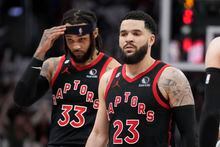 Toronto Raptors guard Fred VanVleet (23) and teammate guard Gary Trent Jr. (33) walk off the court for a time out during second half NBA basketball action against the Chicago Bulls in Toronto on Wednesday, April 12, 2023.THE CANADIAN PRESS/Frank Gunn