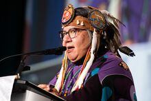 Assembly of First Nations National Chief, RoseAnne Archibald, speaks during her closing address at the Assembly of First Nations Special Chiefs Assembly in Ottawa, Thursday, Dec. 8, 2022. The federal Liberal government says it is without a willing partner to find a way to introduce fire codes onto reserves. THE CANADIAN PRESS/Spencer Colby