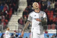 Toronto FC's Federico Bernardeschi reacts after missing a goal scoring opportunity against the New York Red Bulls during second half MLS action in Toronto on  Wednesday, May 17, 2023.THE CANADIAN PRESS/Chris Young