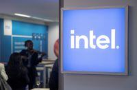 FILE PHOTO: The Intel Corporation logo is seen at a temporary office during the World Economic Forum 2022 (WEF) in the Alpine resort of Davos, Switzerland May 25, 2022. REUTERS/Arnd Wiegmann/File Photo