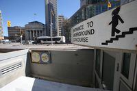 The bunker-like entrance of a subterranean pedestrian tunnel at Winnipeg’s iconic Portage & Main intersection on May 1, 2023. SHANNON VANRAES / THE GLOBE AND MAIL