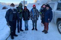 Left to right: Beaver Creek RCMP Cpl. Robert Drapeau, Gary Bath, Lynn Marchessault, Payton Marchessault, Rebecca Marchessault and Tim Marchessault near the Canada-U.S. border crossing near Beaver Creek, Yukon.