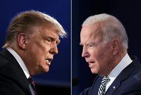(FILES)(COMBO) This combination of file pictures created on September 29, 2020 shows US President Donald Trump (L) and Democratic Presidential candidate former Vice President Joe Biden squaring off during the first presidential debate at the Case Western Reserve University and Cleveland Clinic in Cleveland, Ohio on September 29, 2020. - Two weeks before the polls, the contrast in campaign strategies between Trump, 74, and Biden, 77, has never been more pronounced: the Republican president led another rally in the battleground state of Pennsylvania October 20, 2020, while Democrat Biden stayed mostly out of sight ahead of a pivotal televised debate on October 22, 2020. Both candidates will get something of a reality check on Thursday when they meet for their second and final televised debate. (Photos by JIM WATSON and SAUL LOEB / AFP) (Photo by JIM WATSON,SAUL LOEB/AFP via Getty Images)