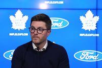 Kyle Dubas speaks to media during a Toronto Maple Leafs end-of-season availability in Toronto, on Monday, May 15, 2023.  The former Maple Leafs general manager — fired last week to end a stunning five-day stretch in the wake of Toronto's second-round playoff exit — released a statement Monday on Twitter, but didn't get into specifics regarding his dismissal. THE CANADIAN PRESS/Nathan Denette