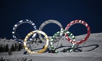 ZHANGJIAKOU, CHINA - JANUARY 26: The Olympic Rings illuminated by the sun seen at Genting Snow Park, on January 26, 2022 in Zhangjiakou, China. (Photo by Matthias Hangst/Getty Images)