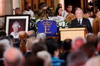 Former Prime Minister Brian Mulroney speaks during commemorative ceremonies for Queen Elizabeth II at Christ Church Cathedral, in Ottawa, Ontario, Monday, Sept. 19, 2022. (Blair Gable/The Canadian Press via AP, Pool)