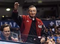 Walter Gretzky father of hockey hall-of-famer Wayne Gretzky waves to fans as the Buffalo Sabres play against the Toronto Maple Leafs in Toronto on Tuesday, January 17, 2017.
