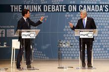 Liberal leader Justin Trudeau (L), Conservative leader and Prime Minister Stephen Harper, and New Democratic Party (NDP) leader Thomas Mulcair (R) take part in the Munk leaders' debate on Canada's foreign policy in Toronto, Canada September 28, 2015. Canadians go to the polls in a federal election on October 19, 2015.