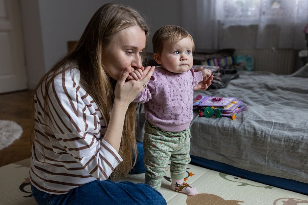Olena Tsebenko, 32, with her 11-month-old daughter Vira in Przemysl, Poland.