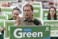 Green Party Leader Mike Schreiner continues his homestretch tour at the intersection of Oxford and Wharncliffe in London, Ont., on Wednesday, June 1, 2022. THE CANADIAN PRESS/Nicole Osborne