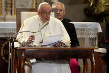 Pope Francis delivers his speech during a meeting with bishops, priests, deacons, consecrated persons, seminarians and pastoral workers in St. Stephen's Co-Cathedral in Budapest, Hungary, Friday, April 28, 2023. The Pontiff is in Hungary for a three-day pastoral visit. (AP Photo/Andrew Medichini)