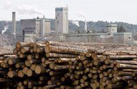 Logs are piled up at West Fraser Timber in Quesnel, B.C., Tuesday, April 21, 2009. West Fraser Timber Co. Ltd. is reporting higher first-quarter sales and earnings after completing its $4-billion all-stock takeover of Norbord Inc. on Feb. 1. THE CANADIAN PRESS/Jonathan Hayward