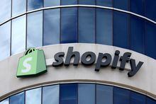 The logo of Shopify is seen outside its headquarters in Ottawa on Sept. 28, 2018.