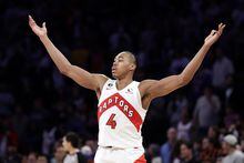 Toronto Raptors forward Scottie Barnes reacts after making a basket against the New York Knicks during the second half of an NBA basketball game Monday, Jan. 16, 2023, in New York. (AP Photo/Adam Hunger)