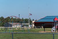 A flag flies at half mast in James Smith Cree Nation, Sask., on Tuesday, September 6, 2022. THE CANADIAN PRESS/Heywood Yu