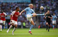 LONDON, ENGLAND - AUGUST 06:  Erling Haaland of Manchester City controls the ball during The FA Community Shield match between Manchester City against Arsenal at Wembley Stadium on August 06, 2023 in London, England. (Photo by Shaun Botterill/Getty Images)