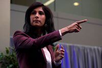FILE PHOTO: International Monetary Fund Chief Economist Gita Gopinath takes questions at the annual meetings of the IMF and World Bank in Washington, U.S., October 18, 2019. REUTERS/James Lawler Duggan