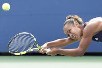Leylah Fernandez, of Canada, returns a shot to Ekaterina Alexandrova, of Russia, during the first round of the U.S. Open tennis championships, Tuesday, Aug. 29, 2023, in New York. (AP Photo/Mary Altaffer)