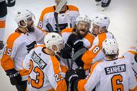 Sep 3, 2020; Toronto, Ontario, CAN; Philadelphia Flyers defenseman Ivan Provorov (9) and defenseman Matt Niskanen (15) and left wing Oskar Lindblom (23) and right wing Tyler Pitlick (18) and right wing Nicolas Aube-Kubel (62) and defenseman Robert Hagg (8) celebrate a game winning goal scored by Provorov  against the New York Islanders during the second overtime in game six of the second round of the 2020 Stanley Cup Playoffs at Scotiabank Arena. Mandatory Credit: Dan Hamilton-USA TODAY Sports