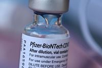 (FILES) In this file photo taken on August 23, 2021, a vial of Pfizer-BioNTech Covid-19 vaccine is seen at a pop up vaccine clinic in the Arleta neighborhood of Los Angeles, California. - Moderna said on August 26, 2022, it is suing rival vaccine makers Pfizer and BioNTech, alleging the partners infringed on its patents in developing their shot for Covid-19. "Moderna believes that Pfizer and BioNTech's Covid-19 vaccine Comirnaty infringes patents Moderna filed between 2010 and 2016 covering Moderna's foundational mRNA technology," it said in a statement. (Photo by Robyn Beck / AFP) (Photo by ROBYN BECK/AFP via Getty Images)