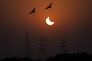 With Monday's solar eclipse expected to draw thousands to regions along the path of totality in Eastern Canada, major cellphone and internet providers say they're ready to handle a jolt in wireless traffic in those areas. Eagles fly past a partial solar eclipse in New Delhi, India, Tuesday, Oct. 25, 2022. THE CANADIAN PRESS/AP-Altaf Qadri