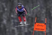 Canada's James Crawford jumps during a men's World Cup downhill skiing race Saturday, Dec. 3, 2022, in Beaver Creek, Colo. (AP Photo/John Locher)