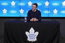 Toronto Maple Leafs general manager Kyle Dubas speaks to media during an end-of-season availability in Toronto, on Monday, May 15, 2023. The Maple Leafs were eliminated from the NHL playoffs by the Florida Panthers on Friday. THE CANADIAN PRESS/Nathan Denette
