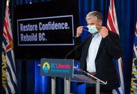 B.C. Liberal Leader Andrew Wilkinson removes his face mask before speaking during a campaign stop in Vancouver, on Sept. 26, 2020.