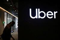 Uber's logo is pictured at its office in Bogota, Colombia, on Dec. 12, 2019.