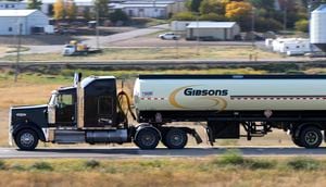 A tanker truck, belonging to Gibsons Energy, hauls a load of crude oil on the Trans-Canada Highway (TCH) near Gull Lake, Sask. on Friday, Sept. 7, 2018.