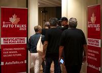 Unifor is heading into its final weekend of negotiations with Stellantis before its strike deadline, as the United Auto Workers in the U.S. also move into a new stage of talks. Unifor attendees enter their meeting with Stellantis as part of the auto talks in Toronto on Thursday, August 10, 2023. THE CANADIAN PRESS/ Tijana Martin