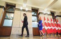 Finance Minister and Deputy Prime Minister Chrystia Freeland and Prime Minister Justin Trudeau leave a press conference before the release of the federal budget, on Parliament Hill, in Ottawa, Thursday, April 7, 2022. THE CANADIAN PRESS/Sean Kilpatrick