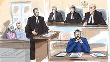 The parents of Laura Babcock (left to right), Ravin Pillay Dellen Millard’s lawyer, Justice Paciocco, Justice Gillese, Justice Huscroft and Dellen Millard attend court in Toronto, Monday, March 13, 2023.&nbsp;<i data-stringify-type="italic" style="box-sizing: inherit; color: rgb(29, 28, 29); font-family: Slack-Lato, Slack-Fractions, appleLogo, sans-serif; font-size: 15px; font-variant-ligatures: common-ligatures; orphans: 2; widows: 2; background-color: rgb(248, 248, 248); text-decoration-thickness: initial;">Ontario's highest court denied the request of a man convicted of murdering his father to push back the appeal of his case until a later date. THE</i>&nbsp;CANADIAN PRESS/Alexandra Newbould