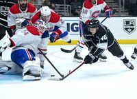 Oct 30, 2021; Los Angeles, California, USA; Montreal Canadiens goaltender Jake Allen (34) blocks a shot by Los Angeles Kings center Blake Lizotte (46) in the second period of the game at Staples Center. Mandatory Credit: Jayne Kamin-Oncea-USA TODAY Sports